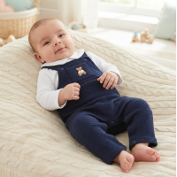 J16015: Baby Boys Bear Motif Quilted Dungaree & Top Outfit  (NB-6 Months)